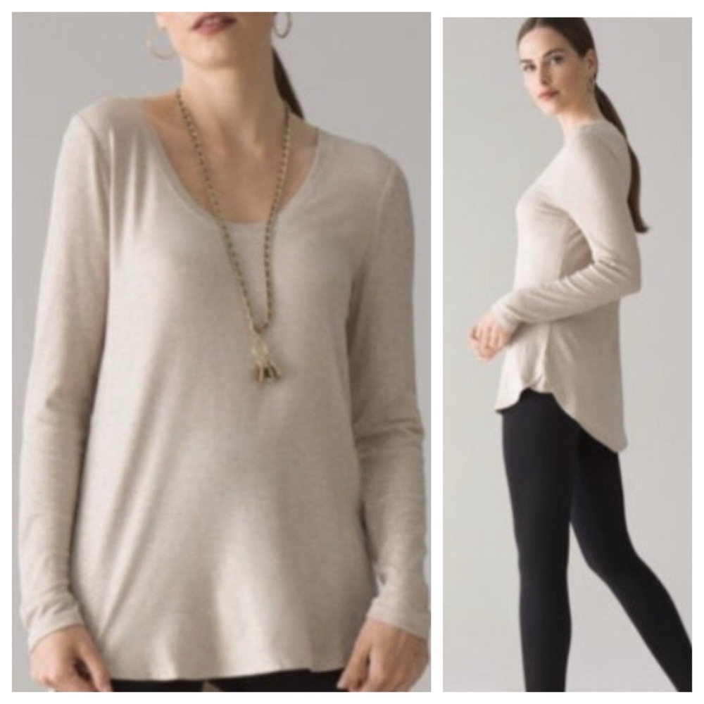 WHBM Tunic Length Women's Beige Long Sleeve Top Oatmeal Heather Sz S Biscotti